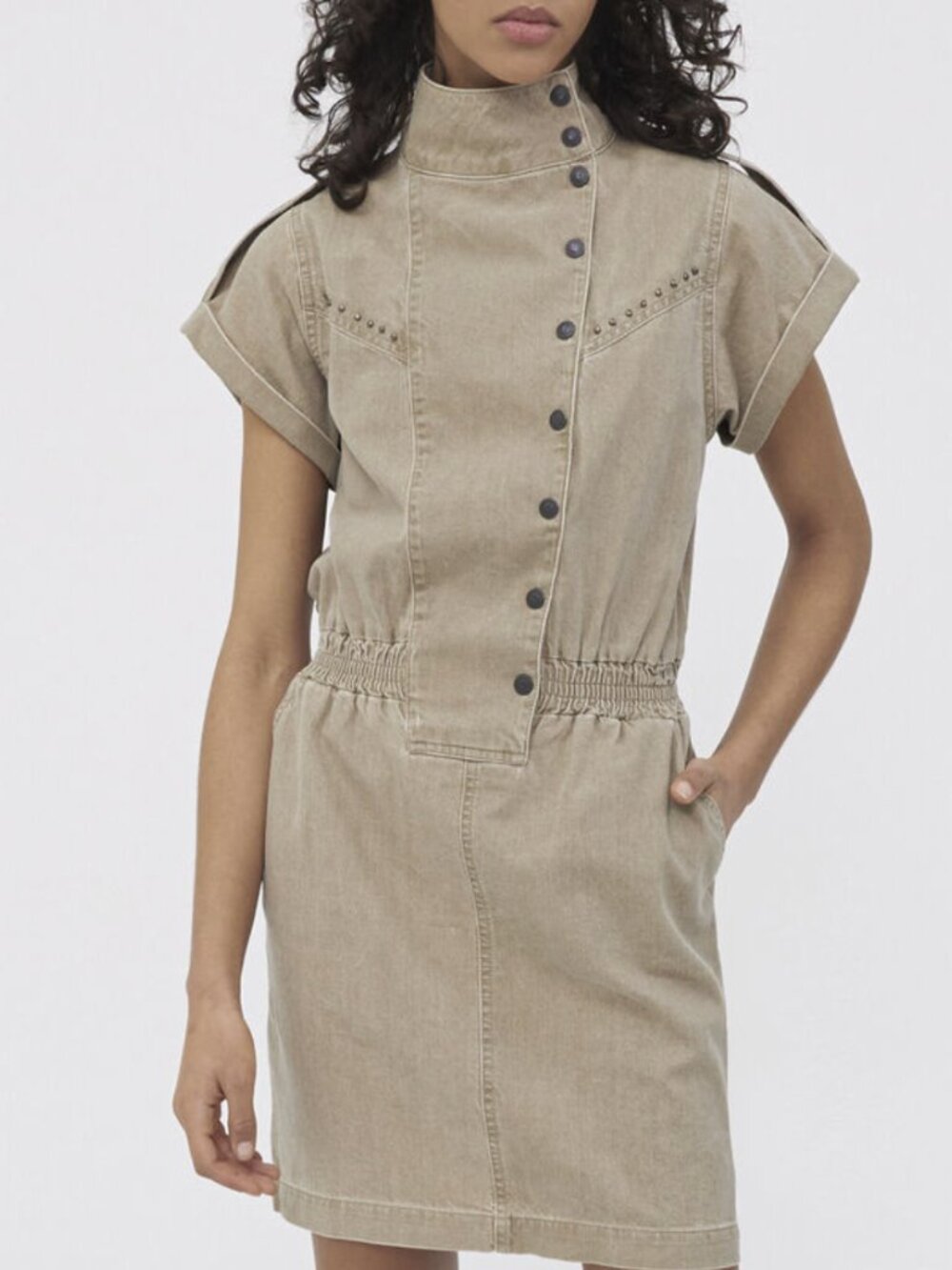 Women’s light khaki Terra Denim dress, studded high neck, Size 36 (US 4)
